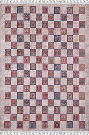 Örgü Saçaklı Bej Otantik Kareli Modern Halı