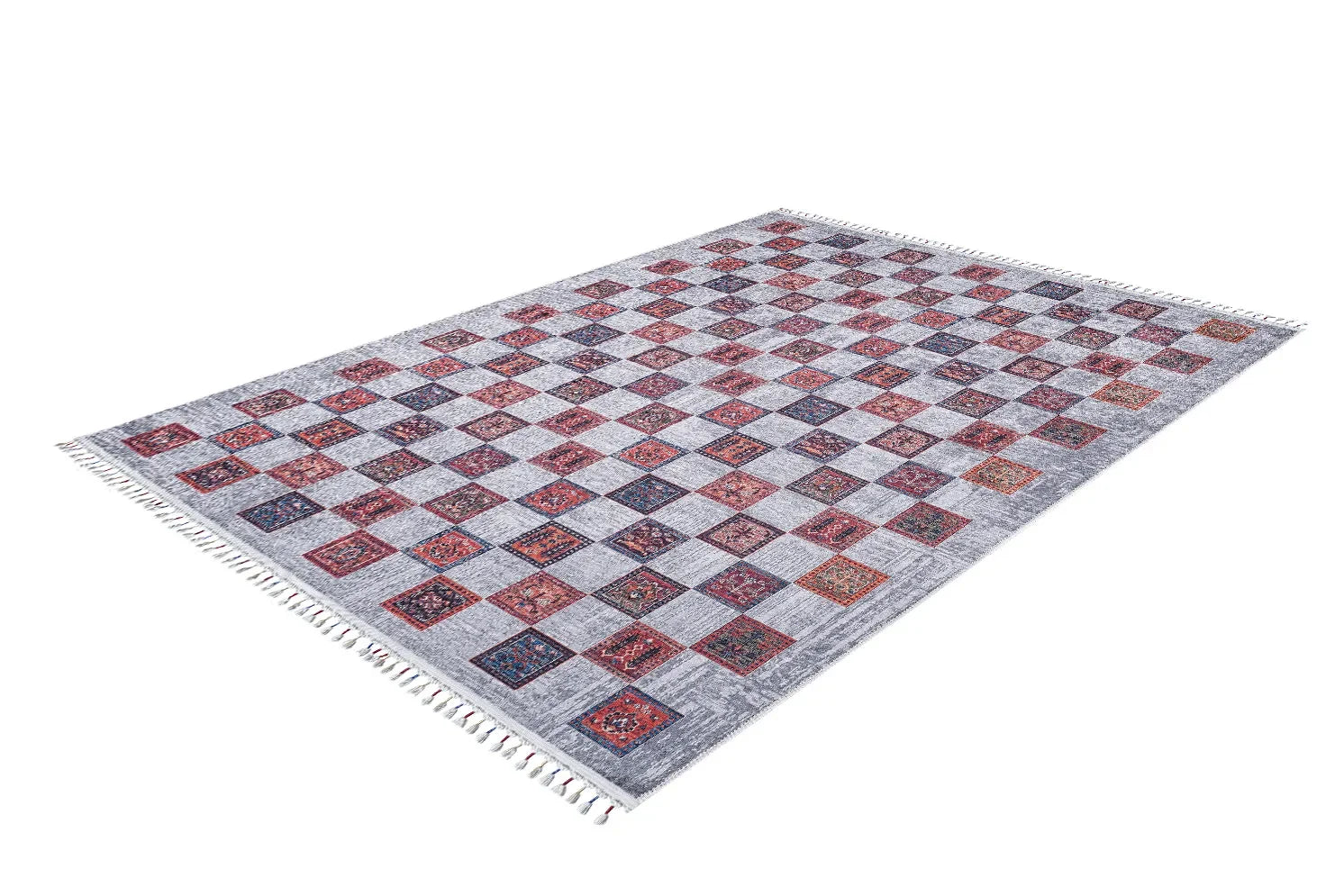 Örgü Saçaklı Çok Renkli Otantik Kareli Halı