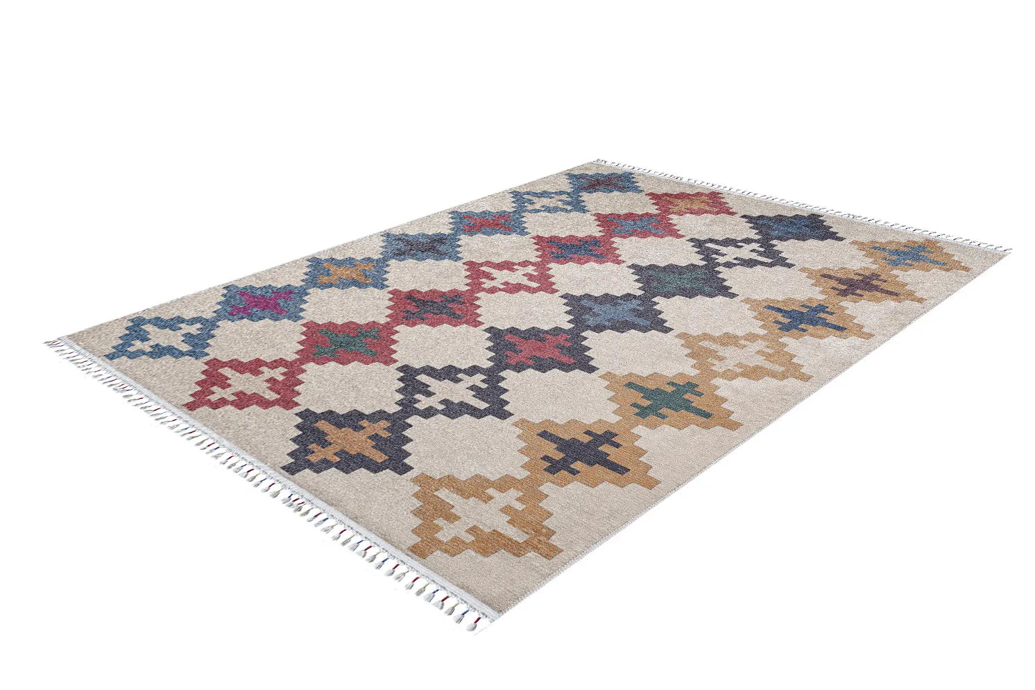 Pale Pink Cream Beige Geometric Patterned Kilim Rug