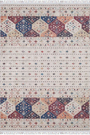 Örgü Saçaklı Bej Etnik Şerit Desenli Halı