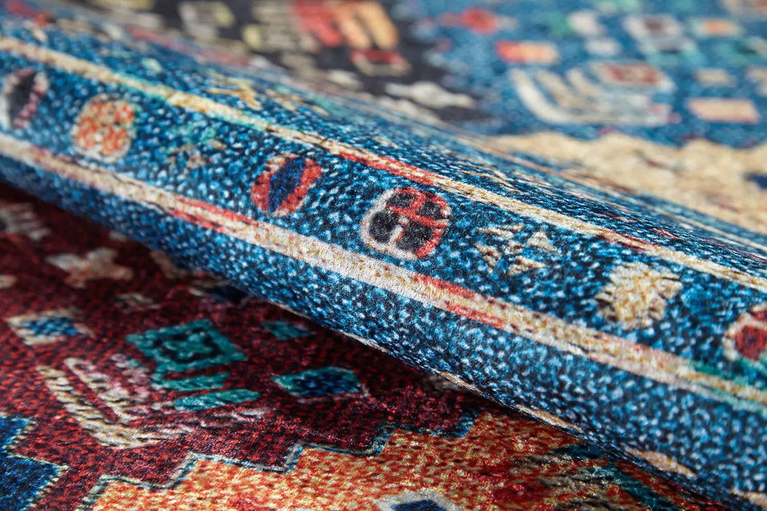 Örgü Saçaklı Mavi Etnik Şerit Desenli Halı