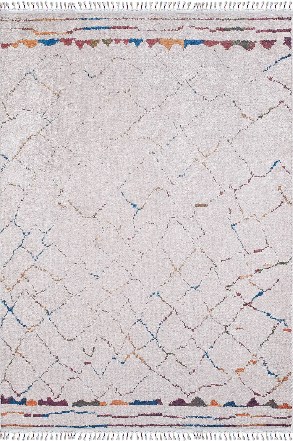 Örgü Saçaklı Bej İnce Çizgili Desenli Halı