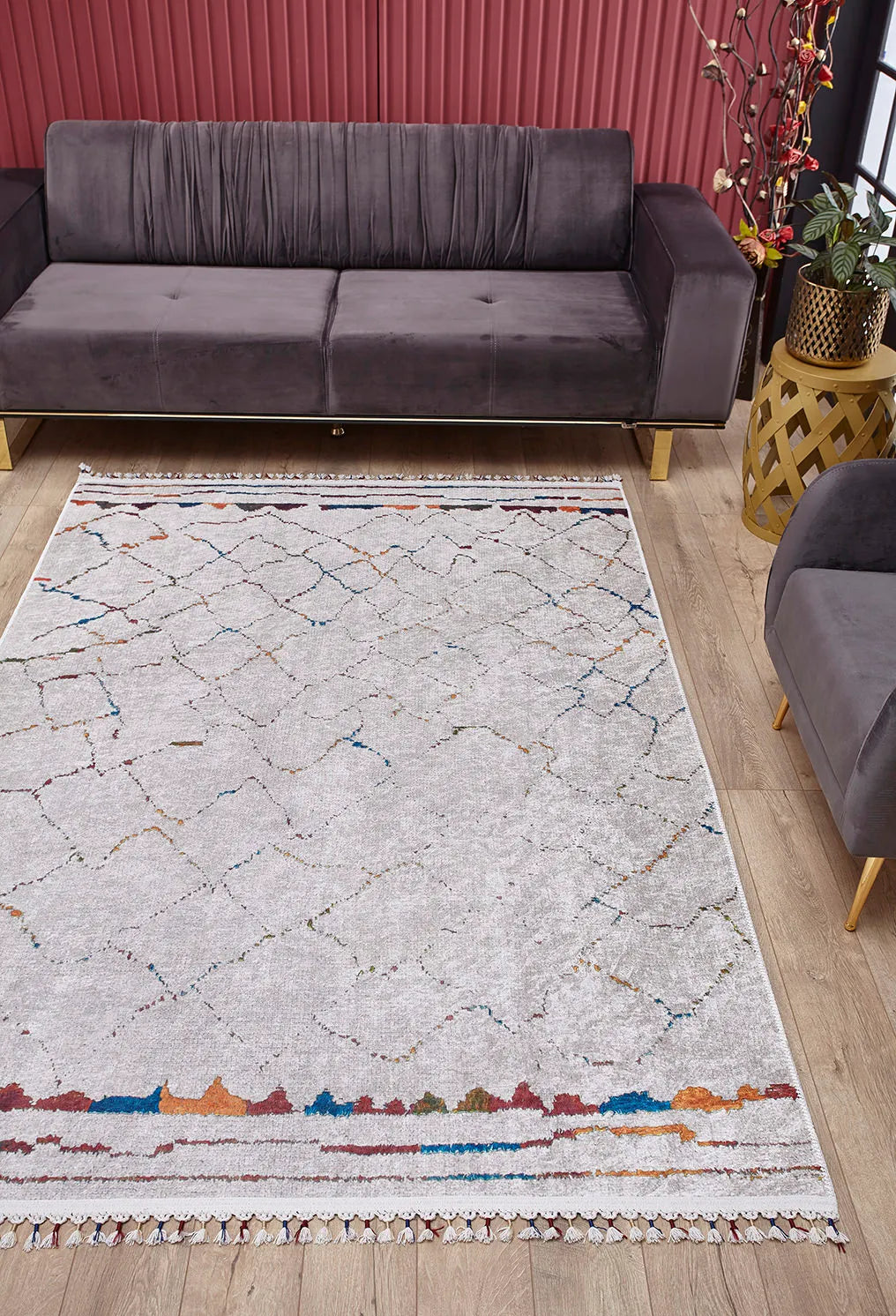 Örgü Saçaklı Bej İnce Çizgili Desenli Halı