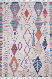 Örgü Saçaklı Bej Çok Renkli Otantik Halı