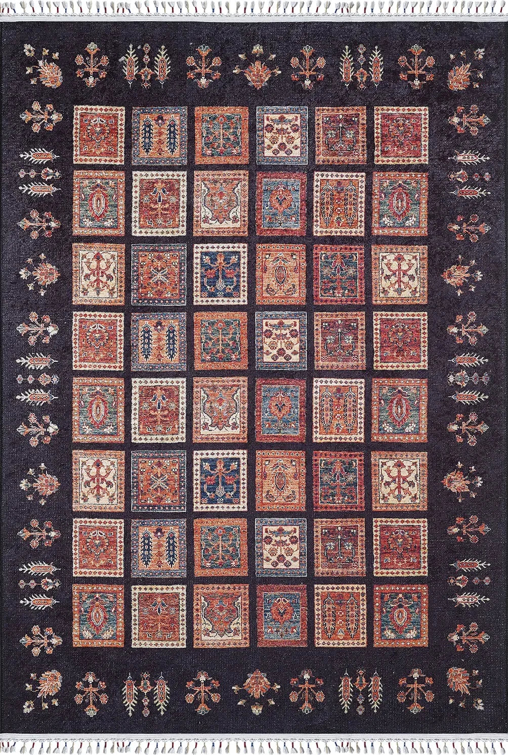 Örgü Saçaklı Siyah Otantik Kareli Halı