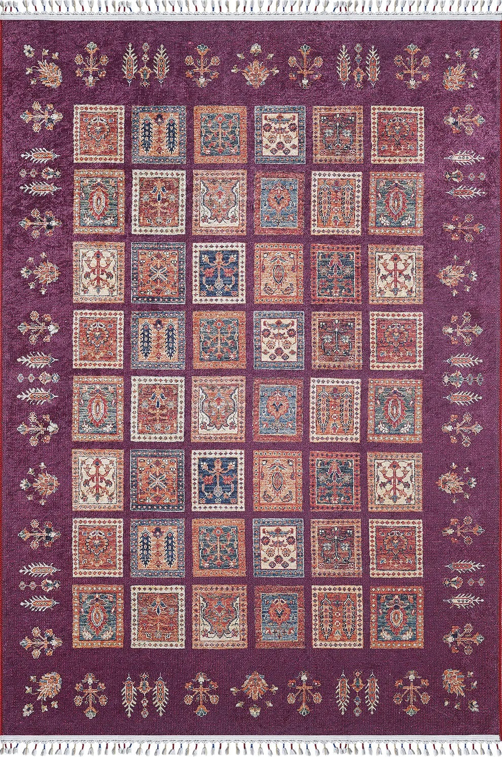 Örgü Saçaklı Bordo Mor Otantik Kareli Halı