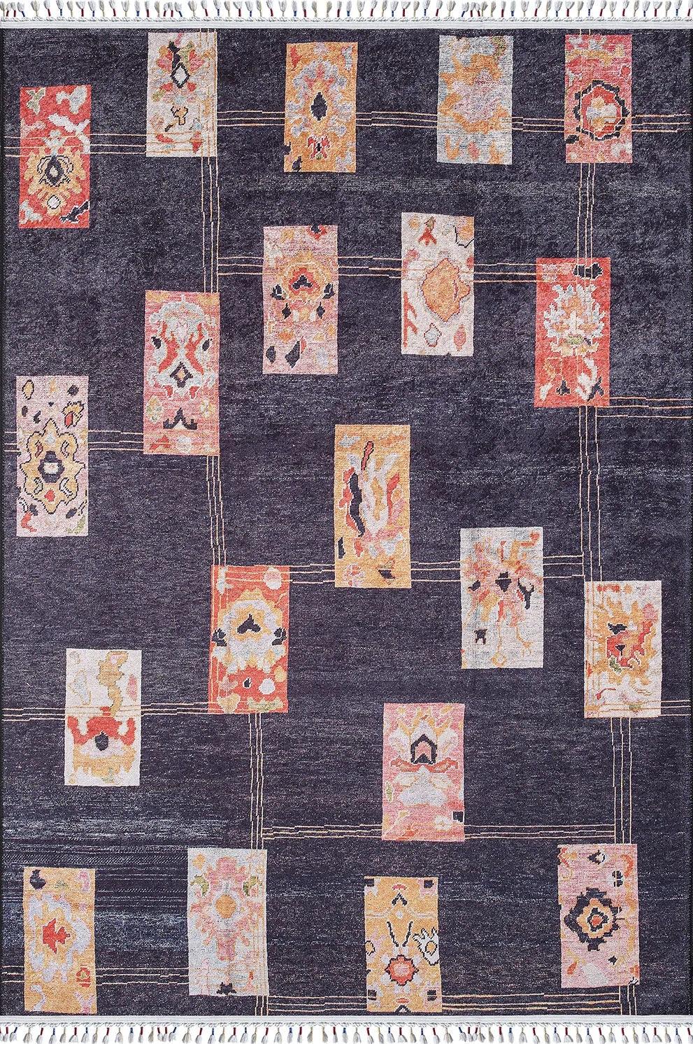 Örgü Saçaklı Koyu Füme Eskitme Kare Desenli Halı