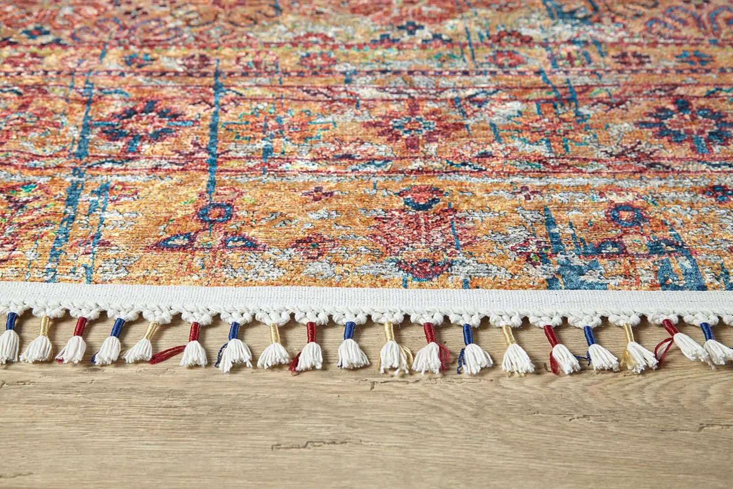 Örgü Saçaklı Turuncu Mavi Eskitme Desenli Halı