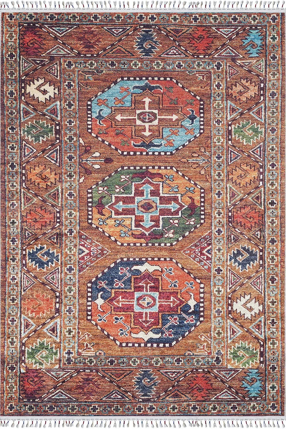 Etnik Kahverengi Çok Renkli Bohem Halı