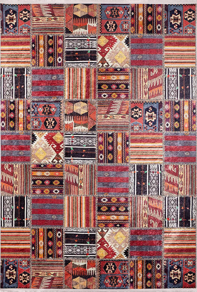 Çok Renkli Kırmızı Kahve Kilim Patchwork Halı