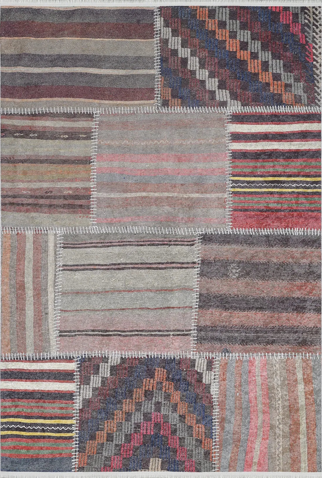 Çok Renkli Gri Bordo Etnik Çizgili Patchwork Halı