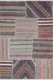 Çok Renkli Gri Bordo Etnik Çizgili Patchwork Halı