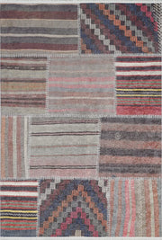 Çok Renkli Gri Bordo Etnik Çizgili Patchwork Halı