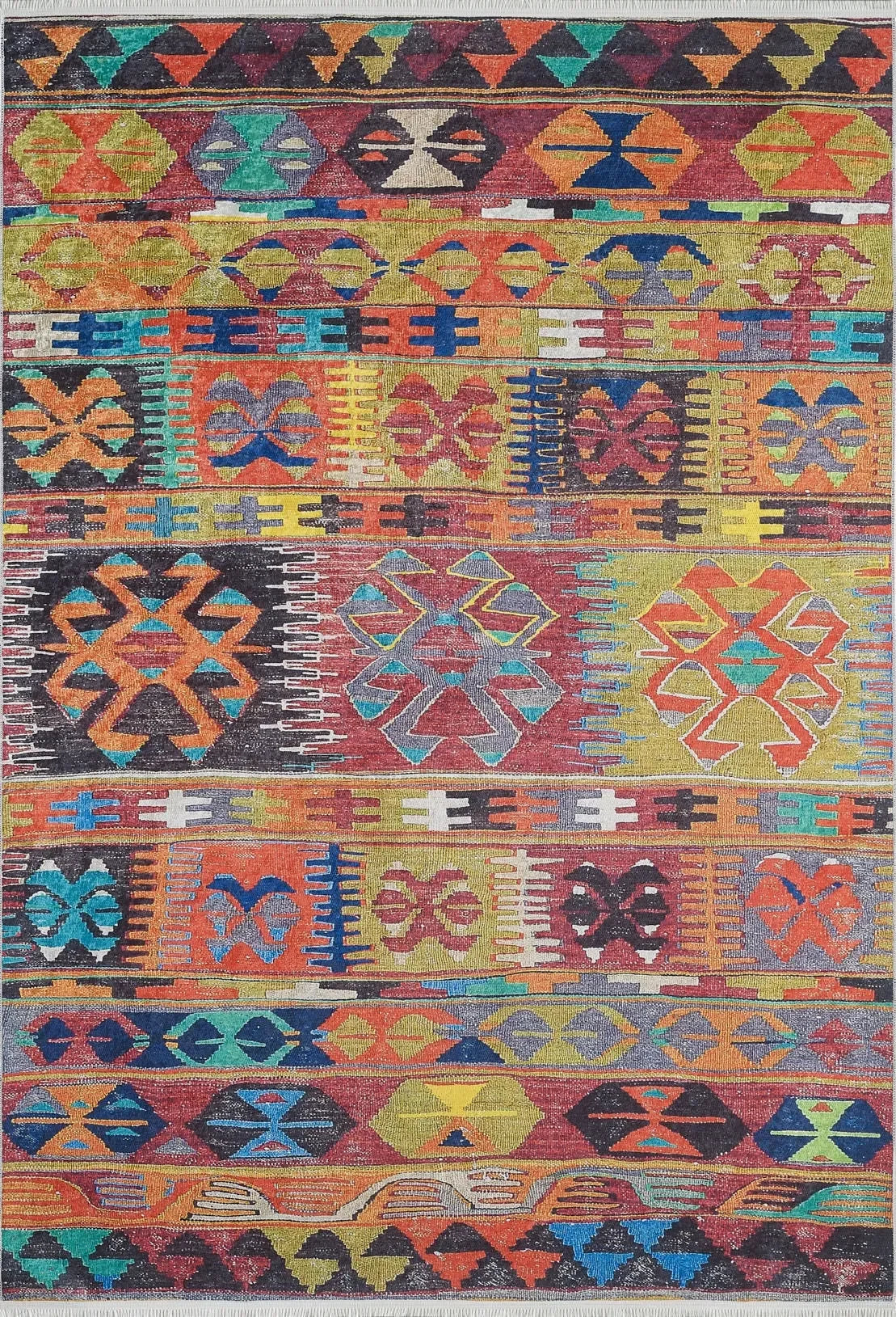 Çok Renkli Canlı Etnik Kilim Şeritli Halı