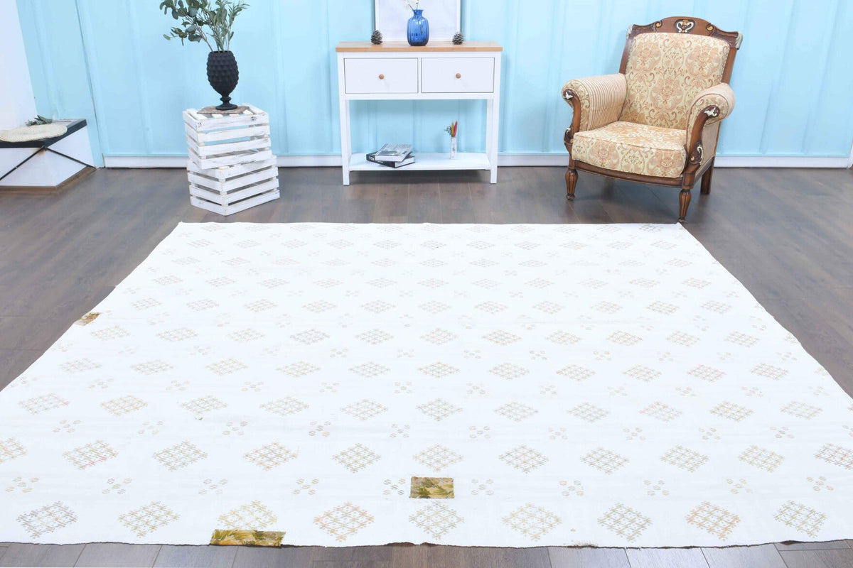 224x286 cm mavi ve gri ikat desenli el dokuma vintage kilim – üstten tam görünüm