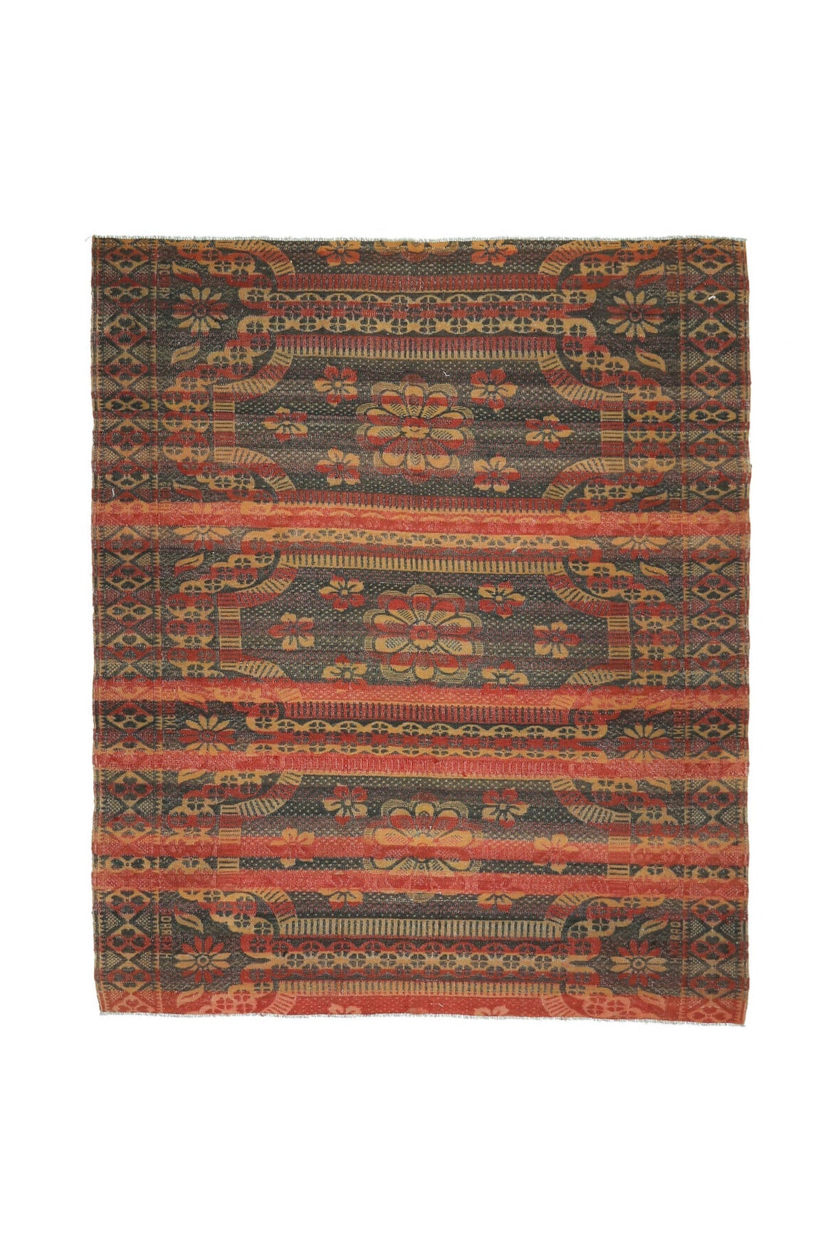 184x224 cm kahverengi, kırmızı ve turuncu çiçek desenli el dokuma vintage kilim – üstten tam görünüm