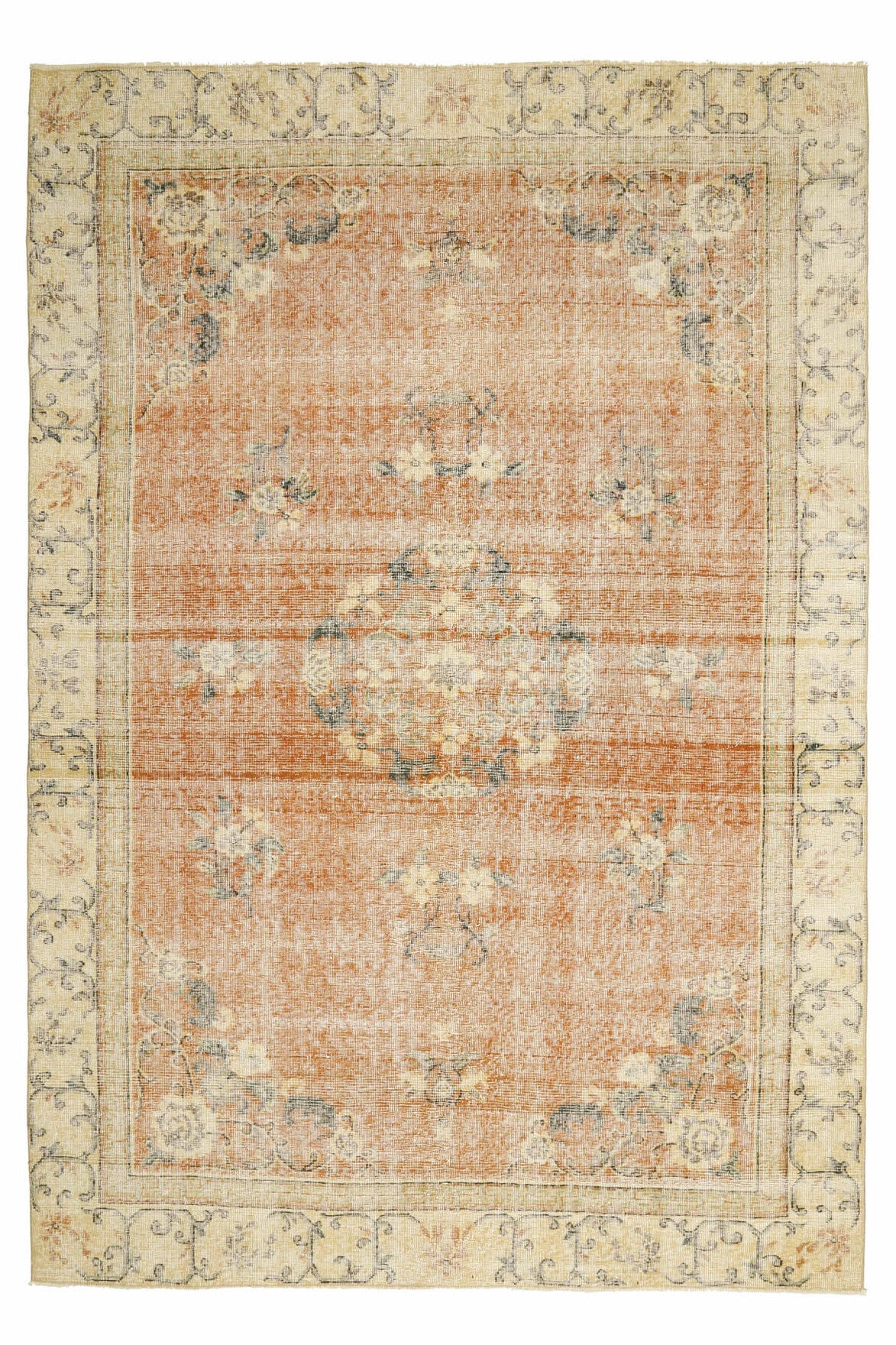 204x303 cm turuncu ve bej oryantal desenli el dokuma vintage halı – üstten tam görünüm