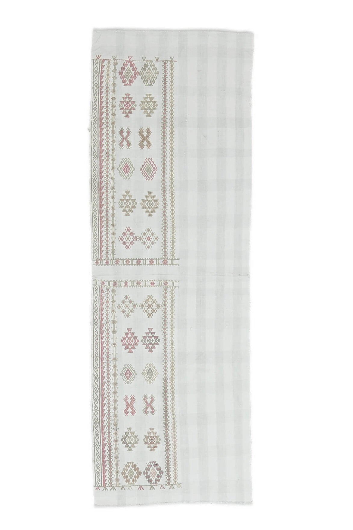70x210 cm beyaz ve gri ikat desenli vintage kilim yolluk – üstten tam görünüm