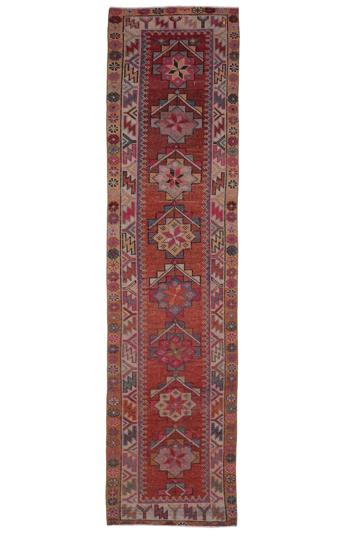 83x362 cm kırmızı ve kahverengi ikat desenli el dokuma vintage yolluk – üstten tam görünüm