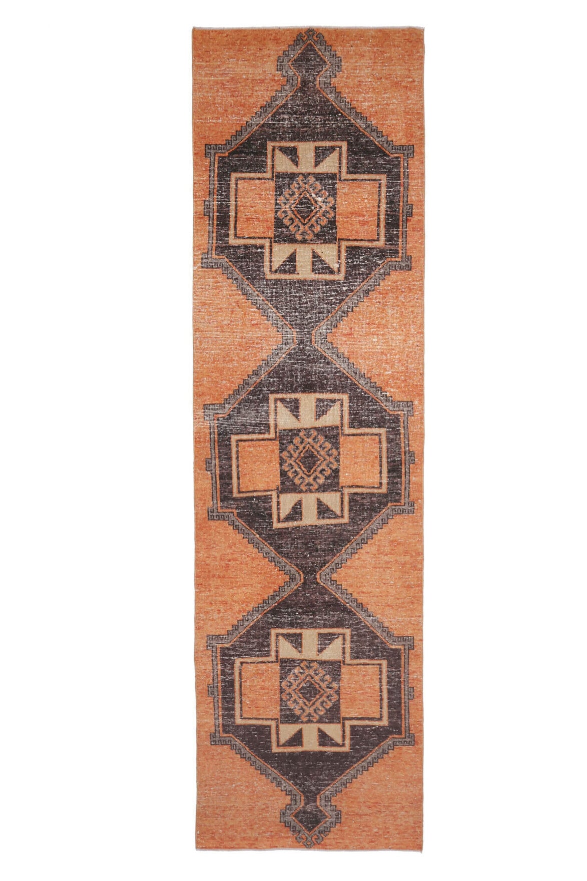 El yapımı vintage yolluk 94x348 cm geometrik desenli yün