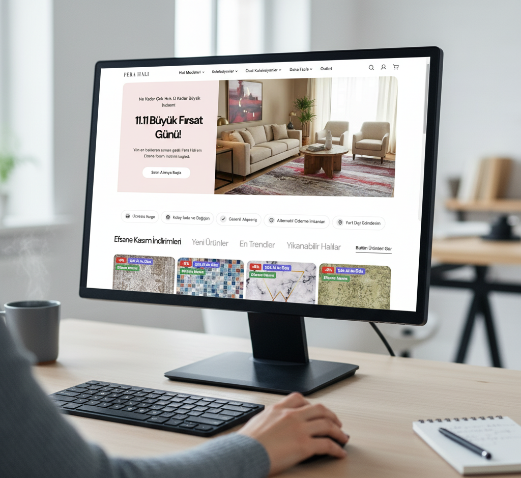 Online halı alışverişi sırasında halı modellerini inceleyen kullanıcı