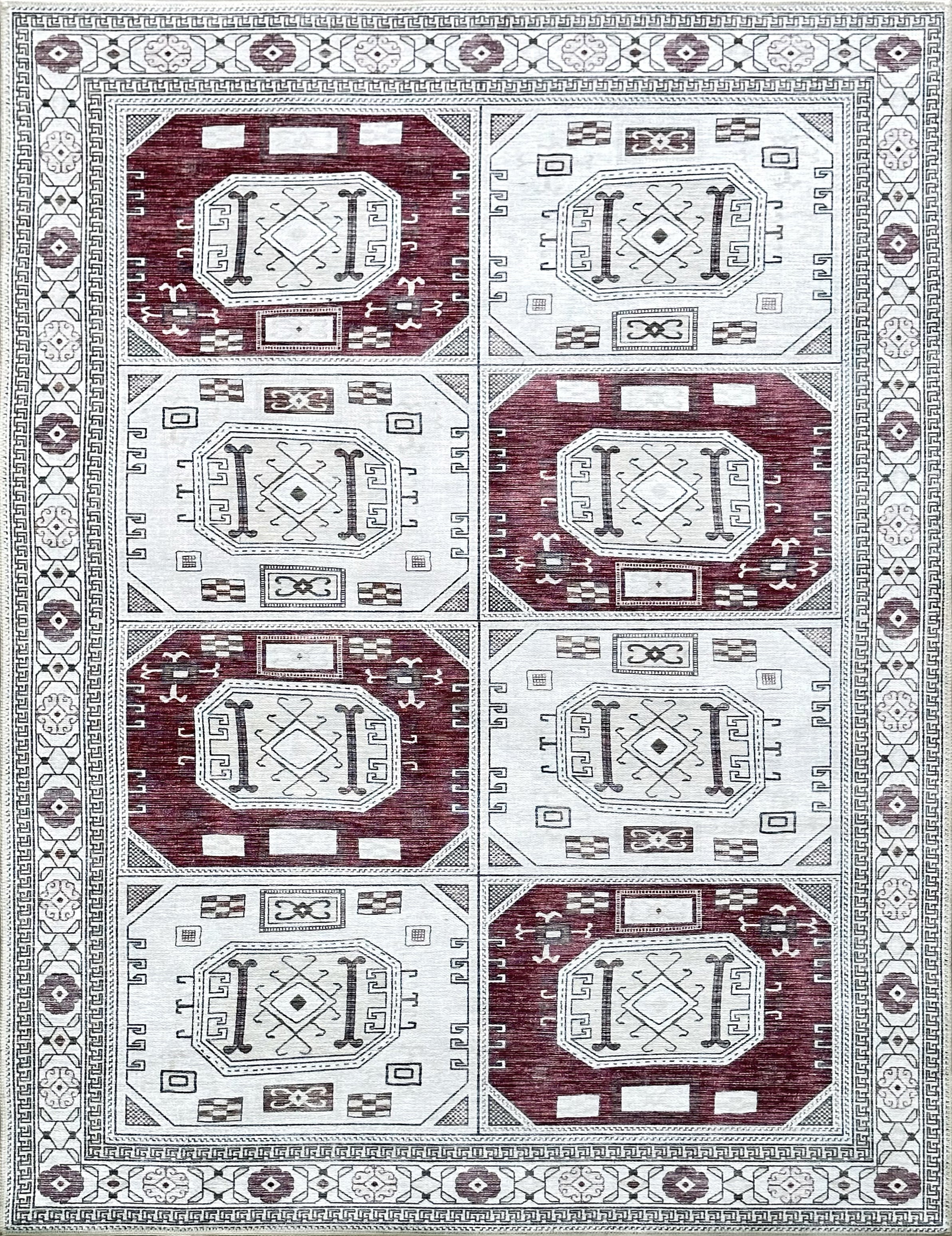 Geometrik Panel Desenli Krem ve Bordo Etnik Halı