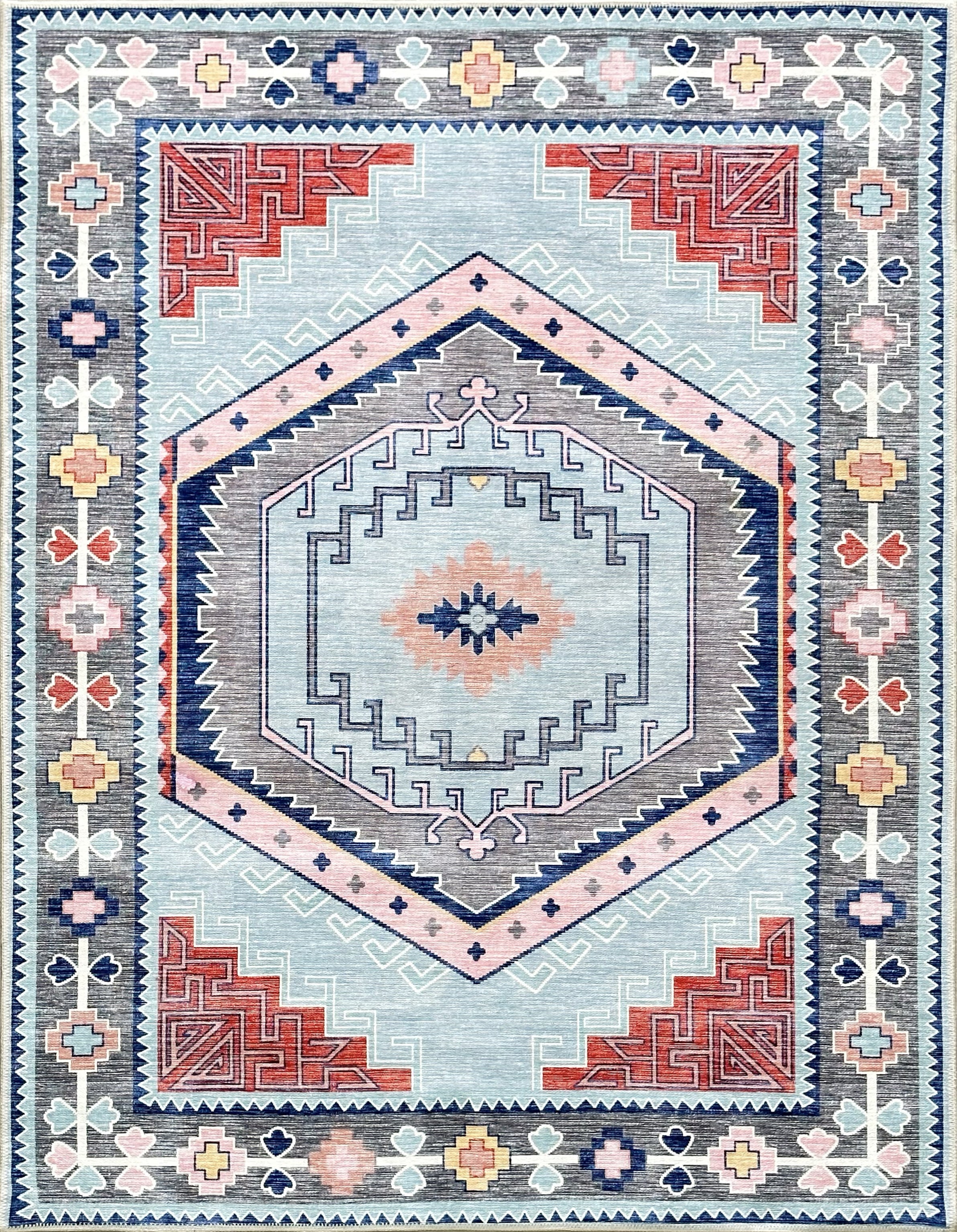 Geometrik Madalyon Desenli Mavi ve Pembe Etnik Halı