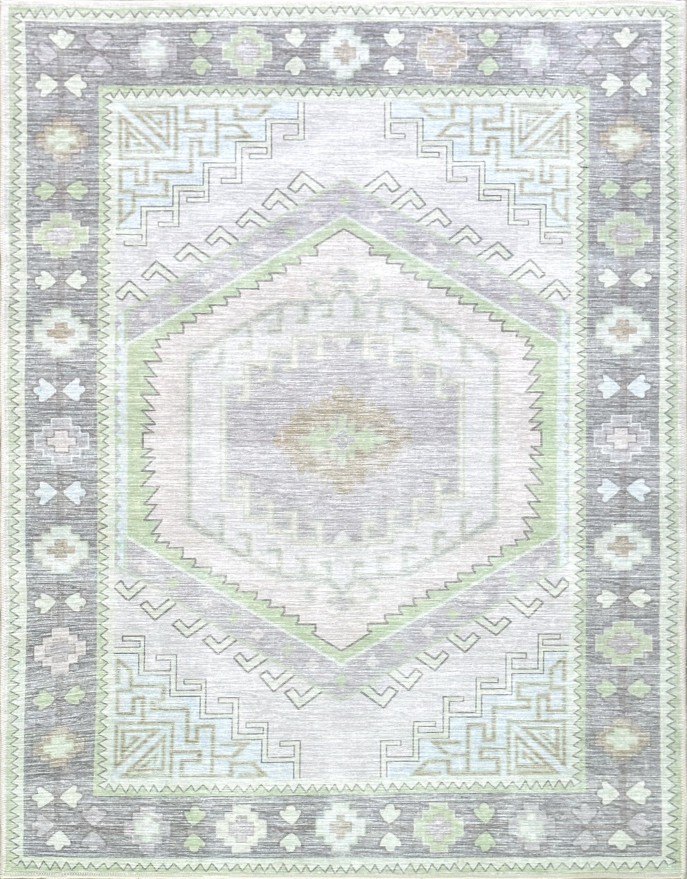 Geometrik Madalyon Desenli Mint Yeşili ve Gri Etnik Halı