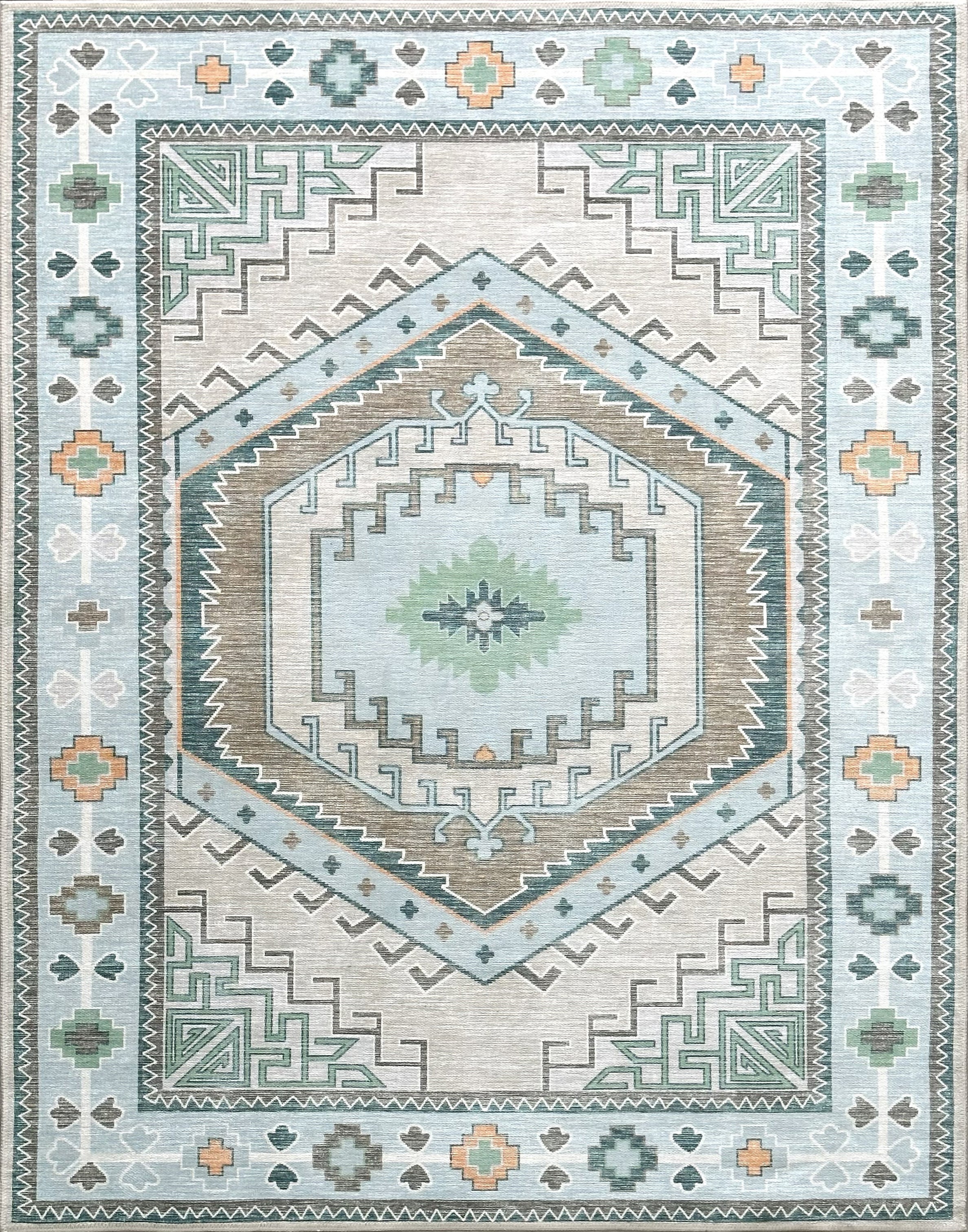 Geometrik Madalyon Desenli Açık Mavi Ve Su Yeşili Etnik Halı