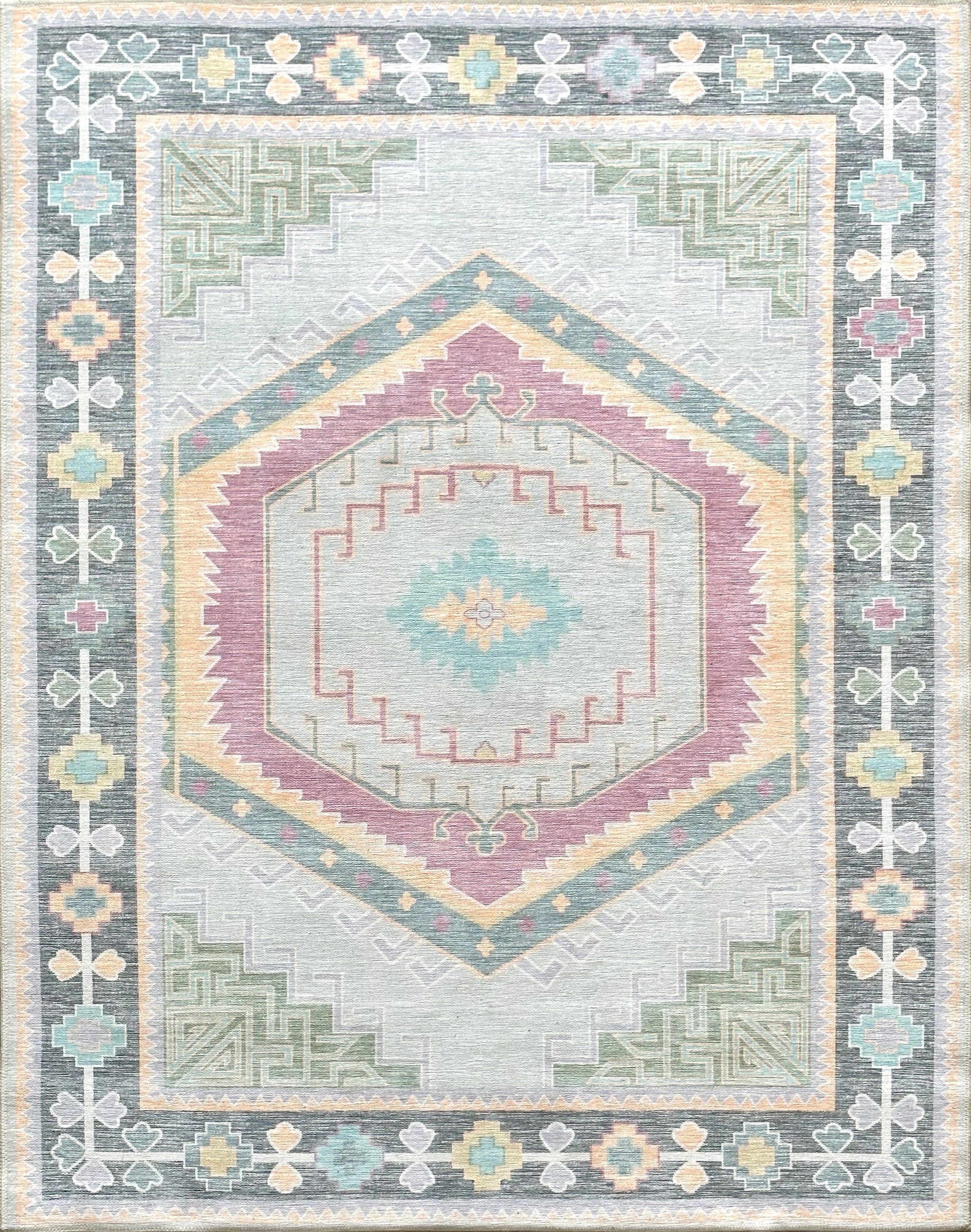 Geometrik Madalyon Desenli Pastel Tonlu Etnik Halı