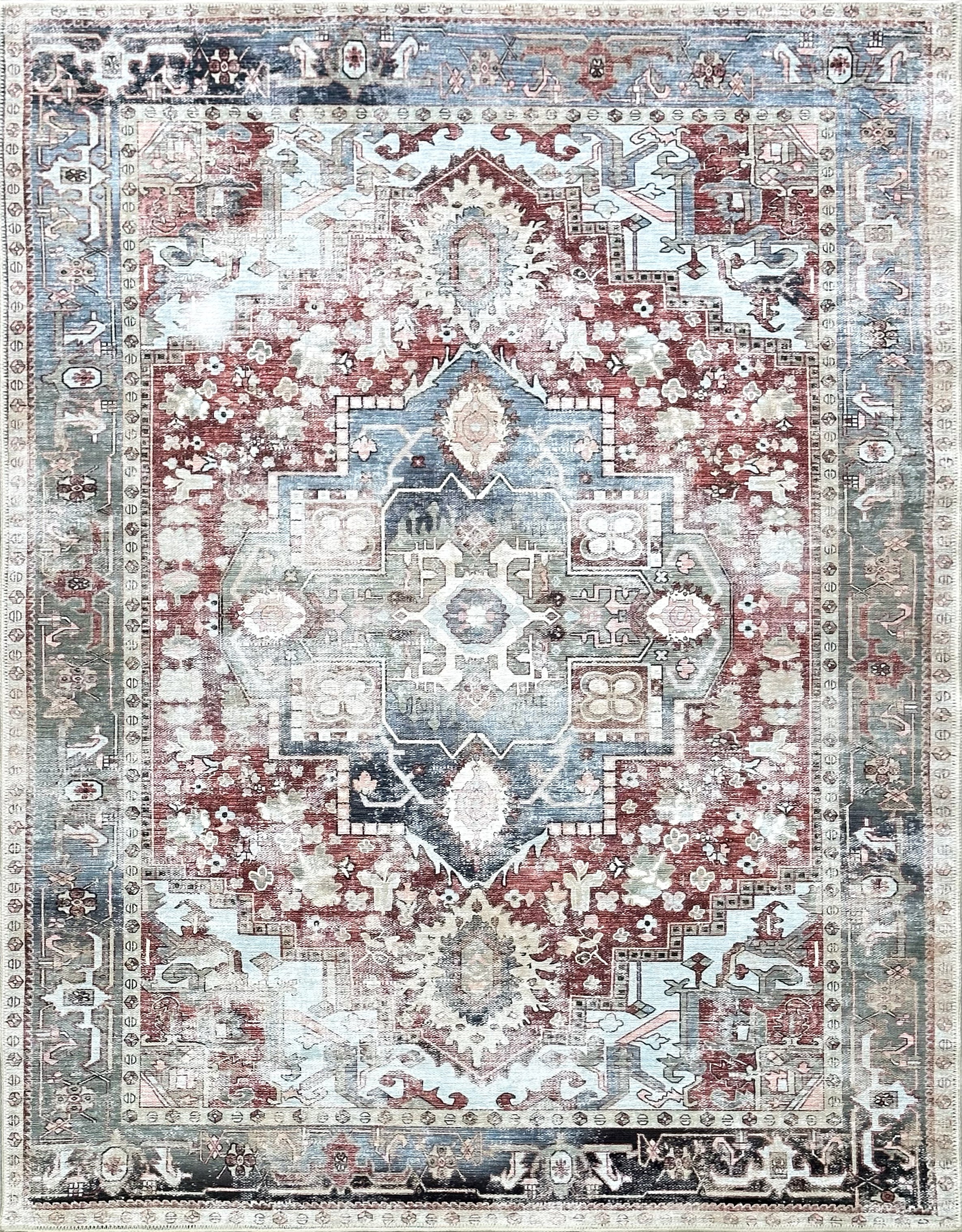 Eskitme Madalyon Desenli Bordo ve Mavi Vintage Halı