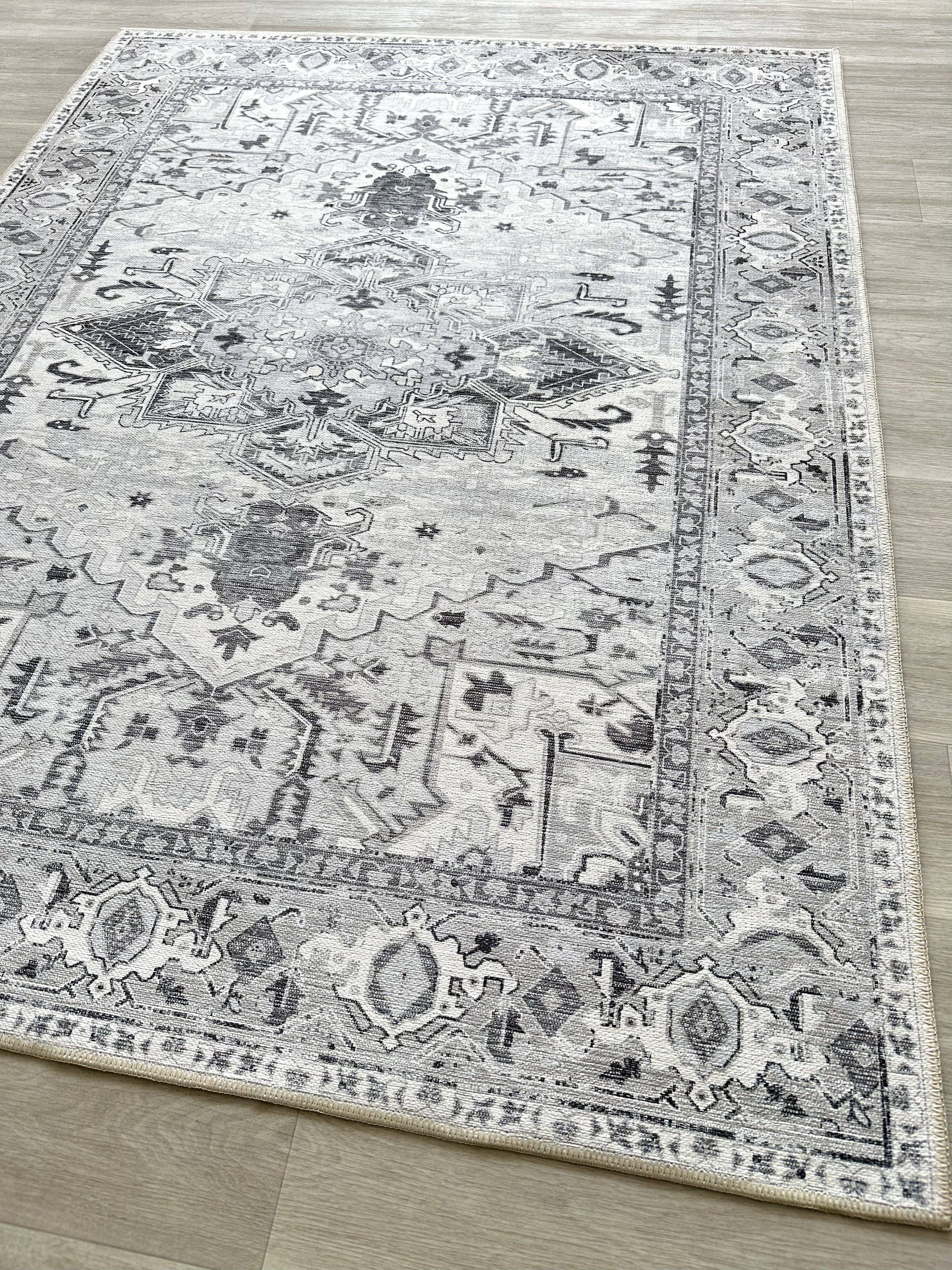 Eskitme Geometrik Madalyon Desenli Gümüş ve Gri Vintage Halı - AR861GG