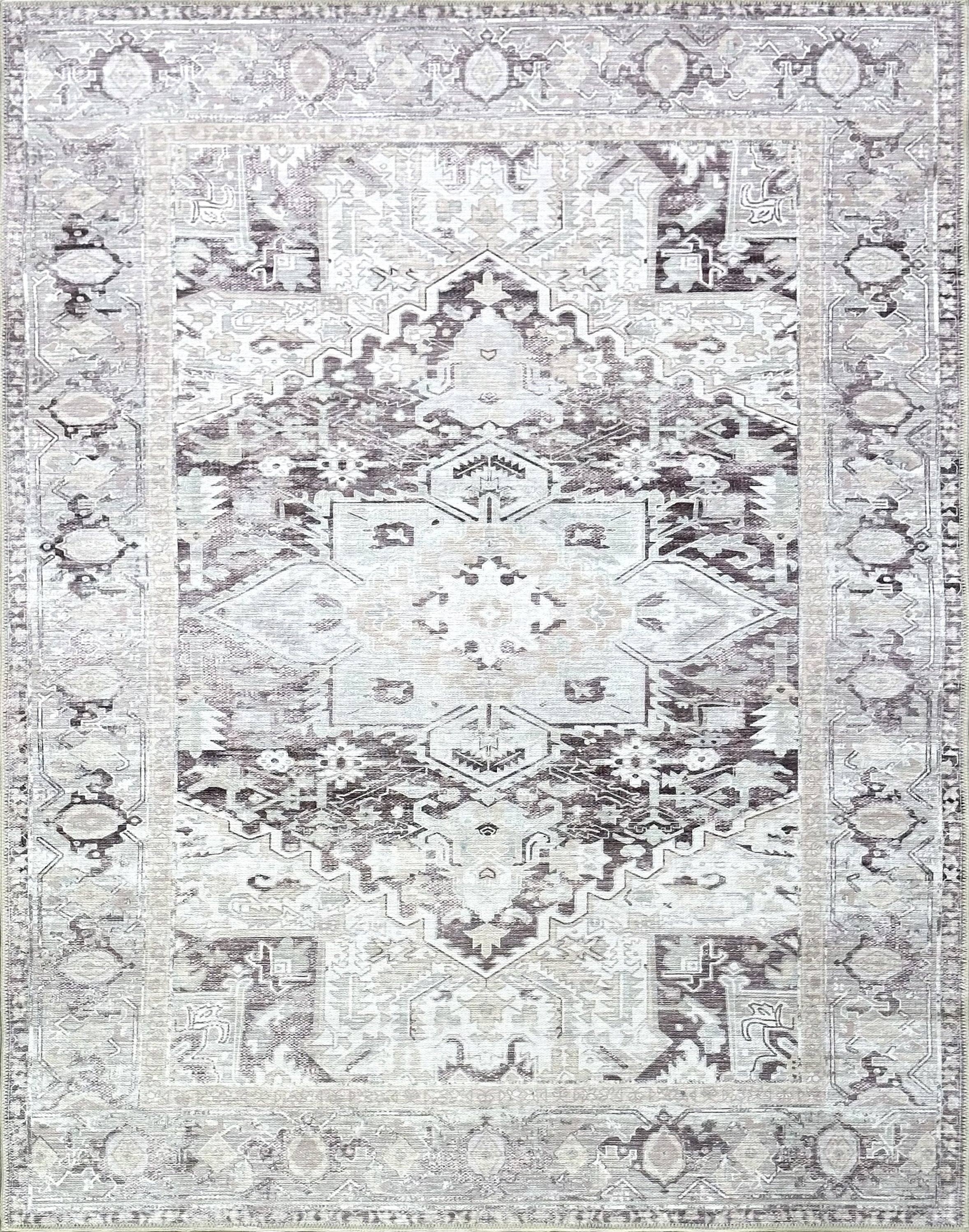 Eskitme Geometrik Madalyon Desenli Açık Gri ve Vizon Vintage Halı