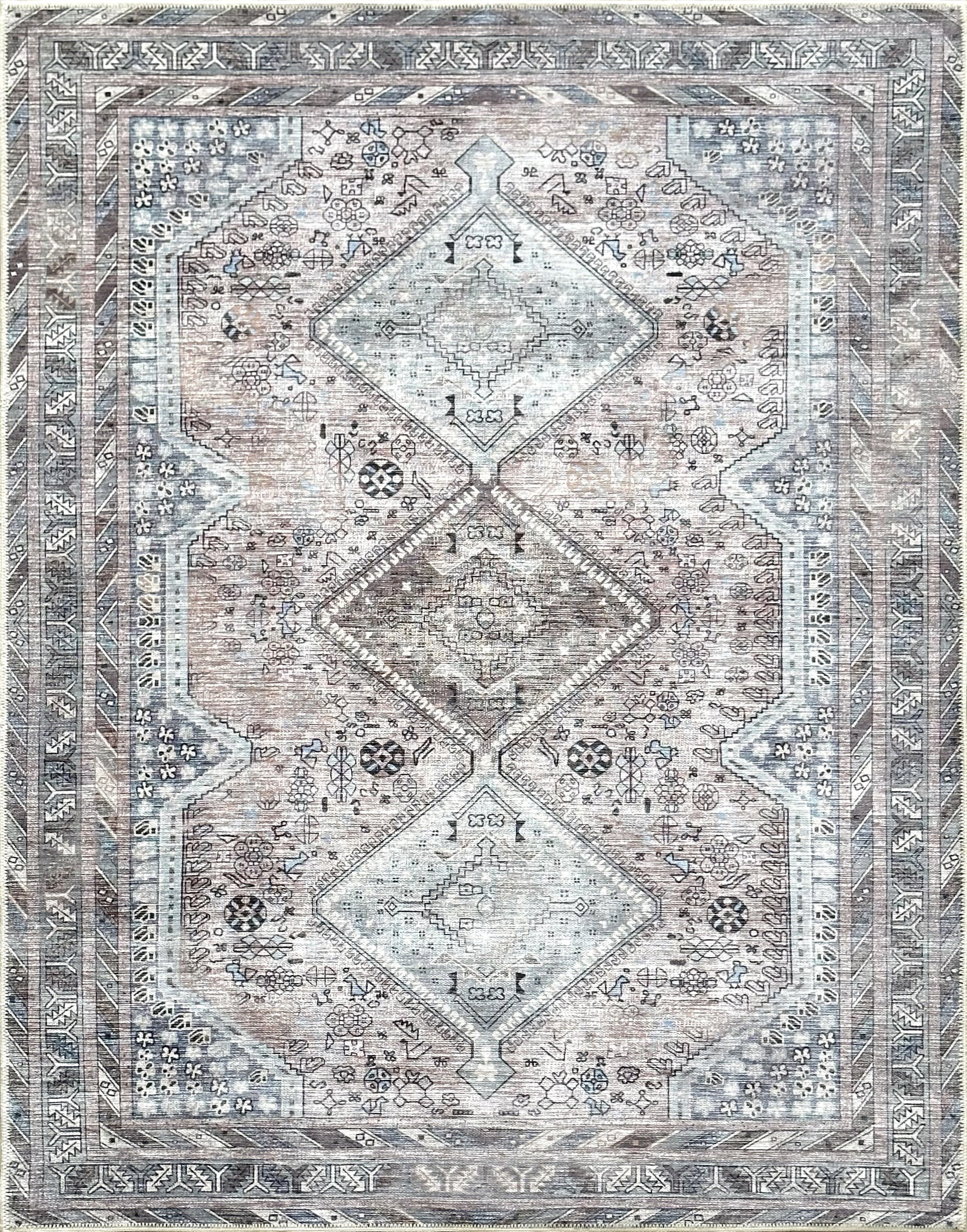 Eskitme Geometrik Madalyon Desenli Vizon Etnik Halı