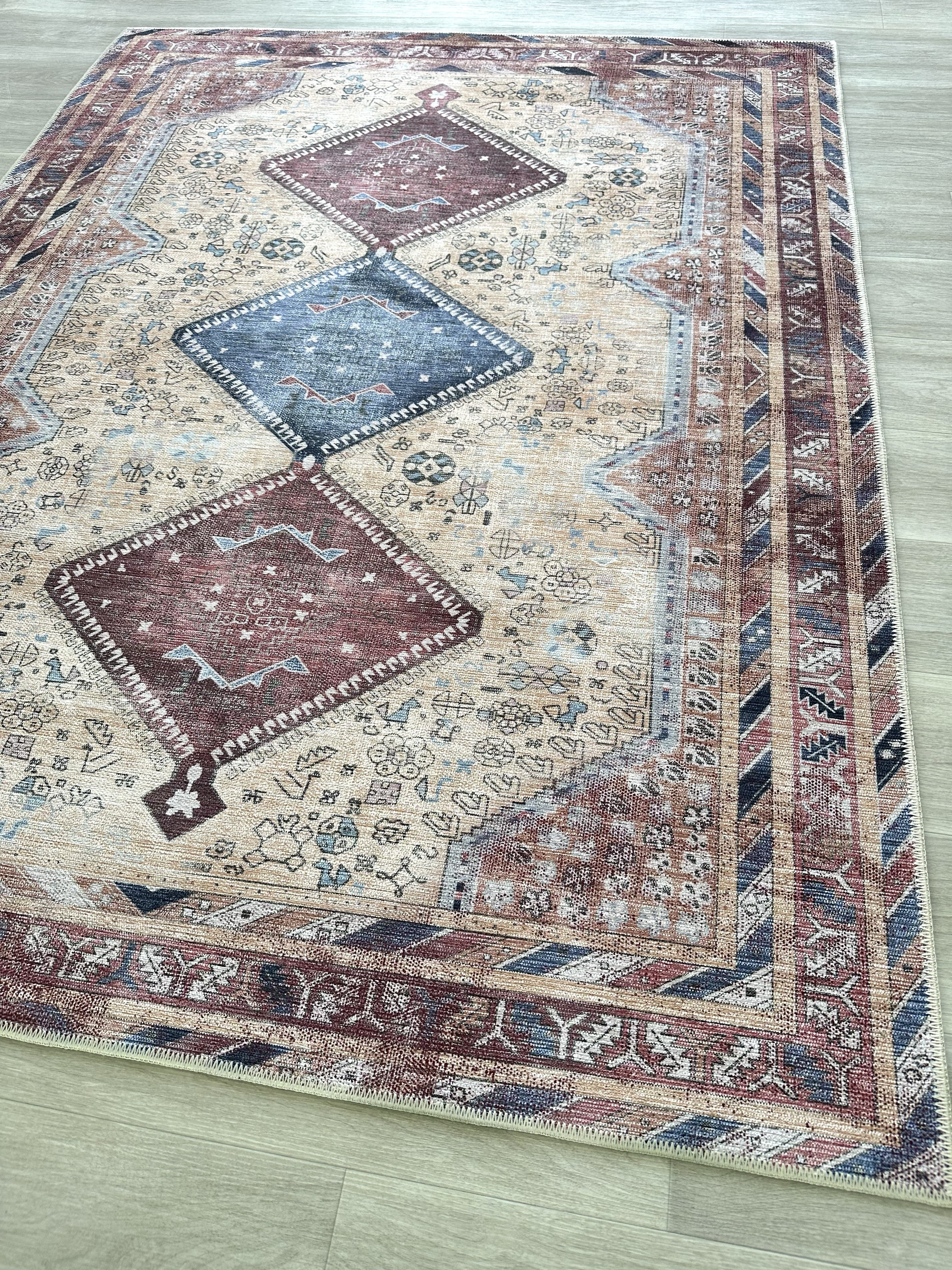 Uşak Blau-Roter Vintage-Kelim-Teppich