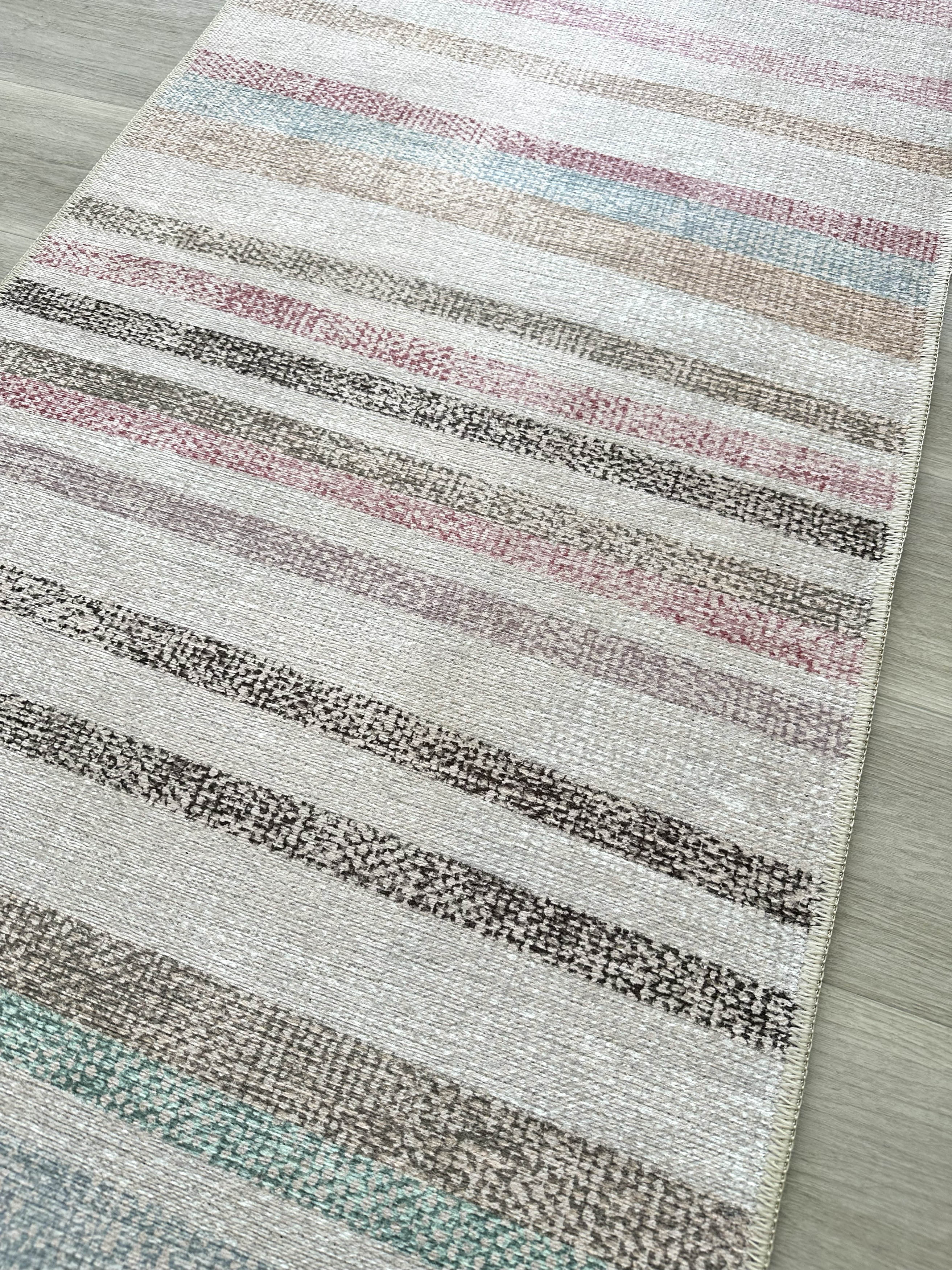 Modern Bloklu Çizgi Desenli Pastel ve Krem Minimalist Halı