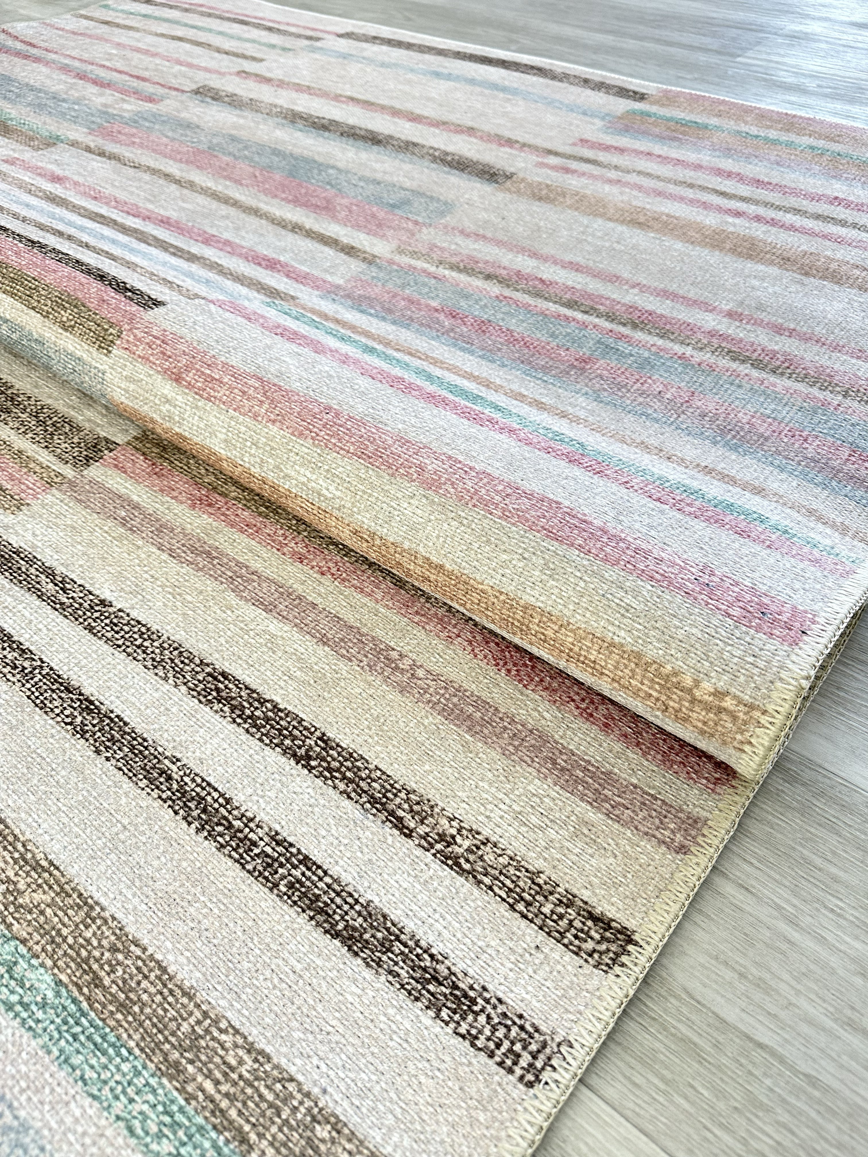 Modern Bloklu Çizgi Desenli Pastel ve Krem Minimalist Halı