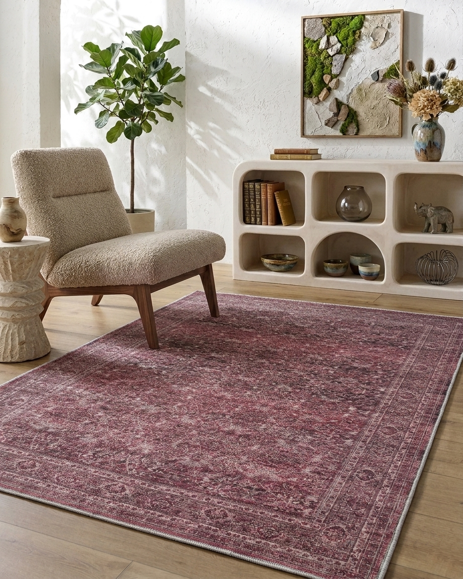 Geleneksel Floral Desenli Bordo Eskitme Halı - AR0999RR