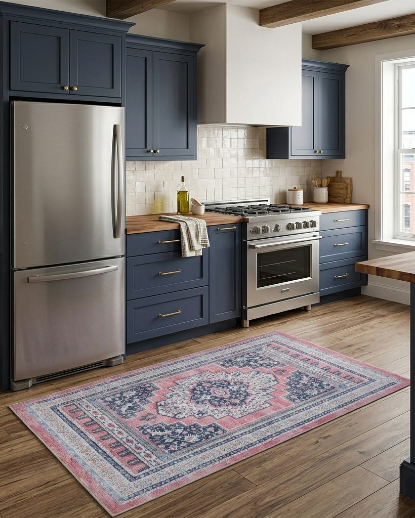 Geometrik Madalyon Desenli Pembe ve Lacivert Eskitme Halı - AR1001TN