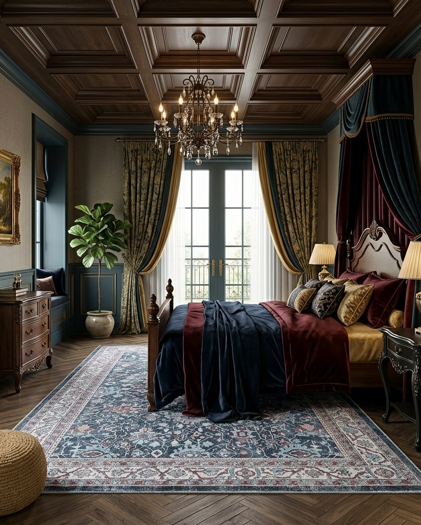 Geleneksel Floral Desenli Lacivert Ve Kırmızı Eskitme Halı - AR1007CN