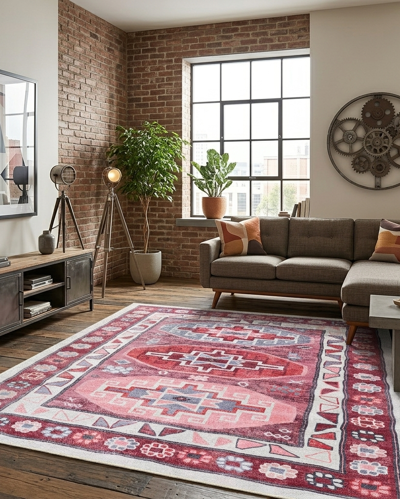 Sıralı Geometrik Madalyon Desenli Bordo ve Pembe Eskitme Halı - AR1011RR