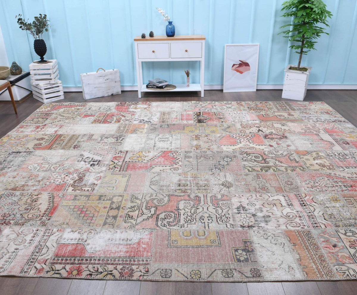 El yapımı vintage halı 302x401 cm tribal desenli yün - detay görünümü