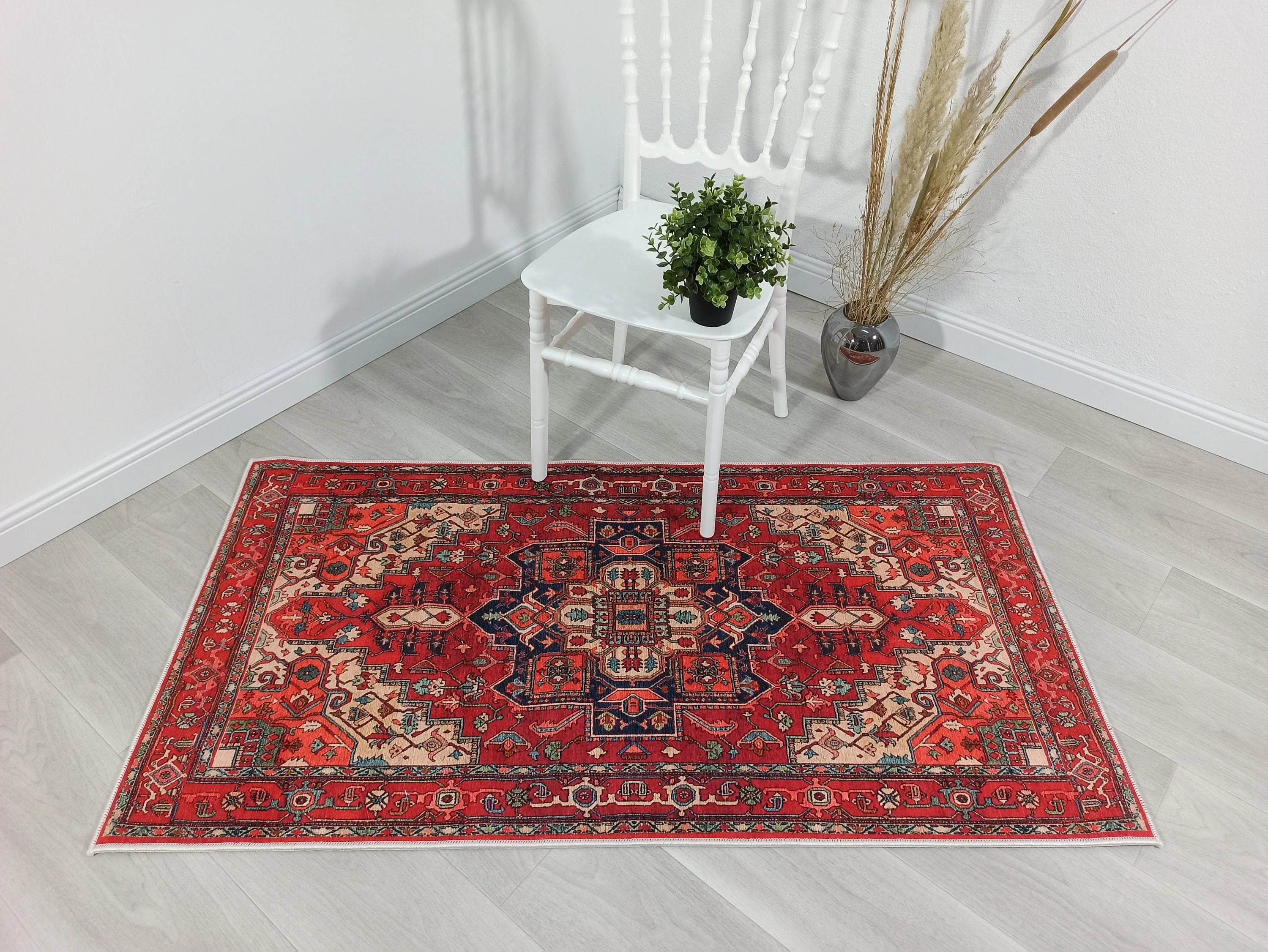 Eskitme Madalyon Desenli Kiremit ve Lacivert Vintage Salon Halısı - OUTLET - 11428OU