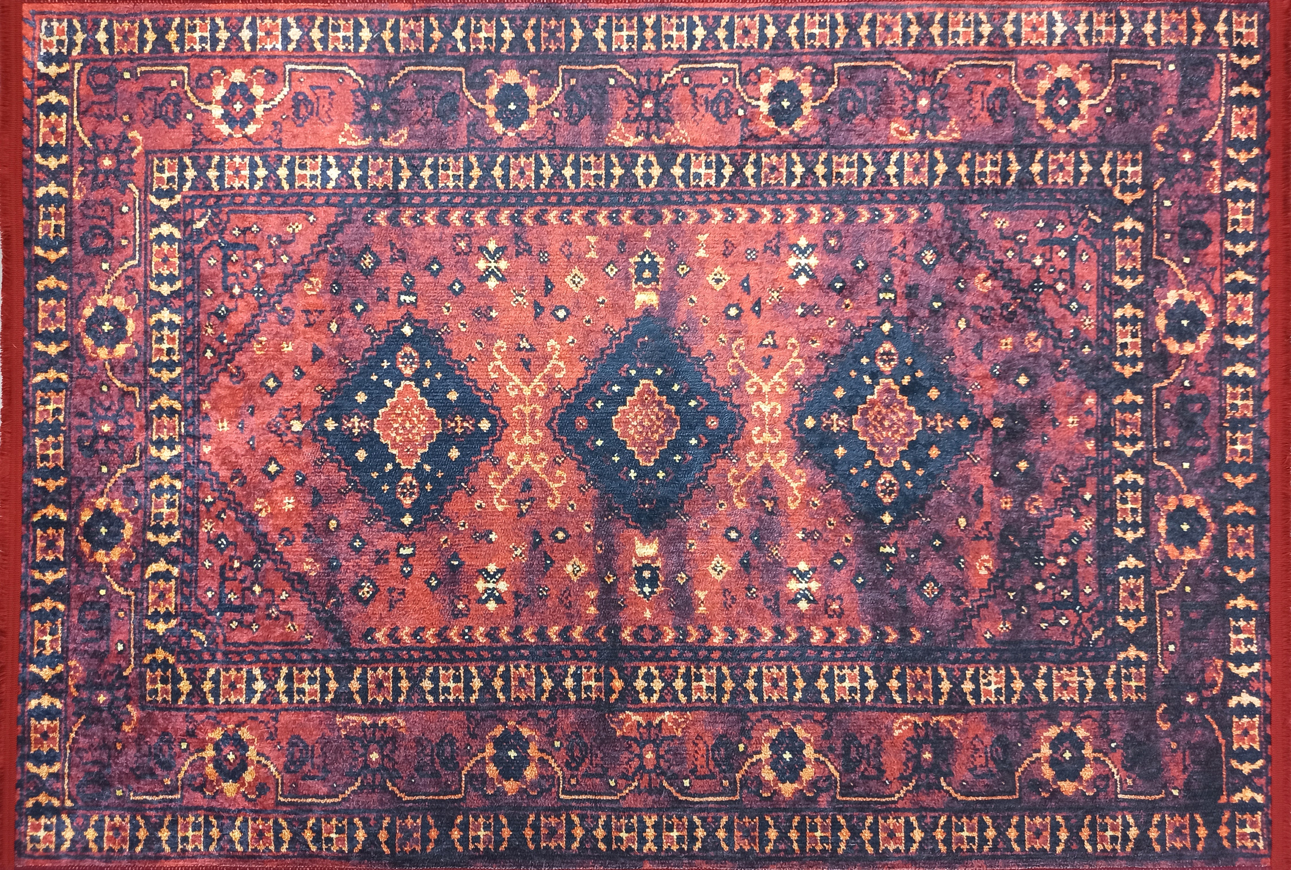 Kırmızı Lacivert Geometrik Desenli Halı - Pera Halı
