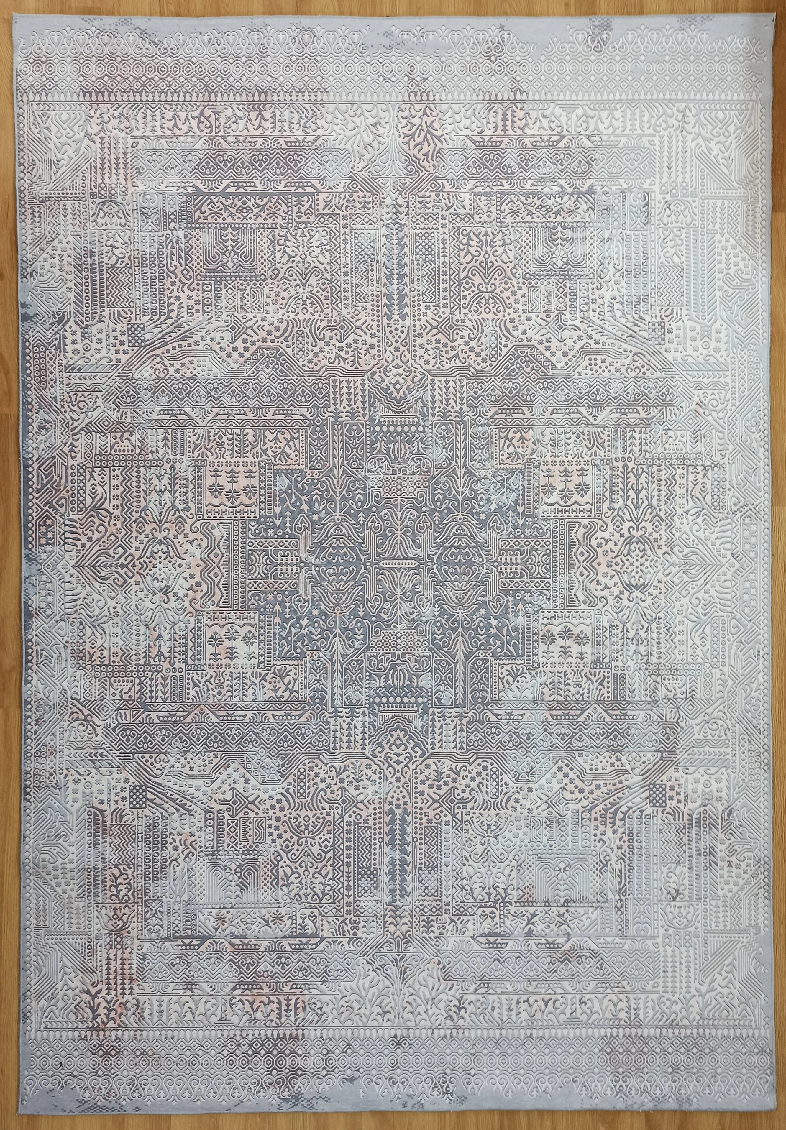Grauer Vintage-Teppich mit geometrischem Muster