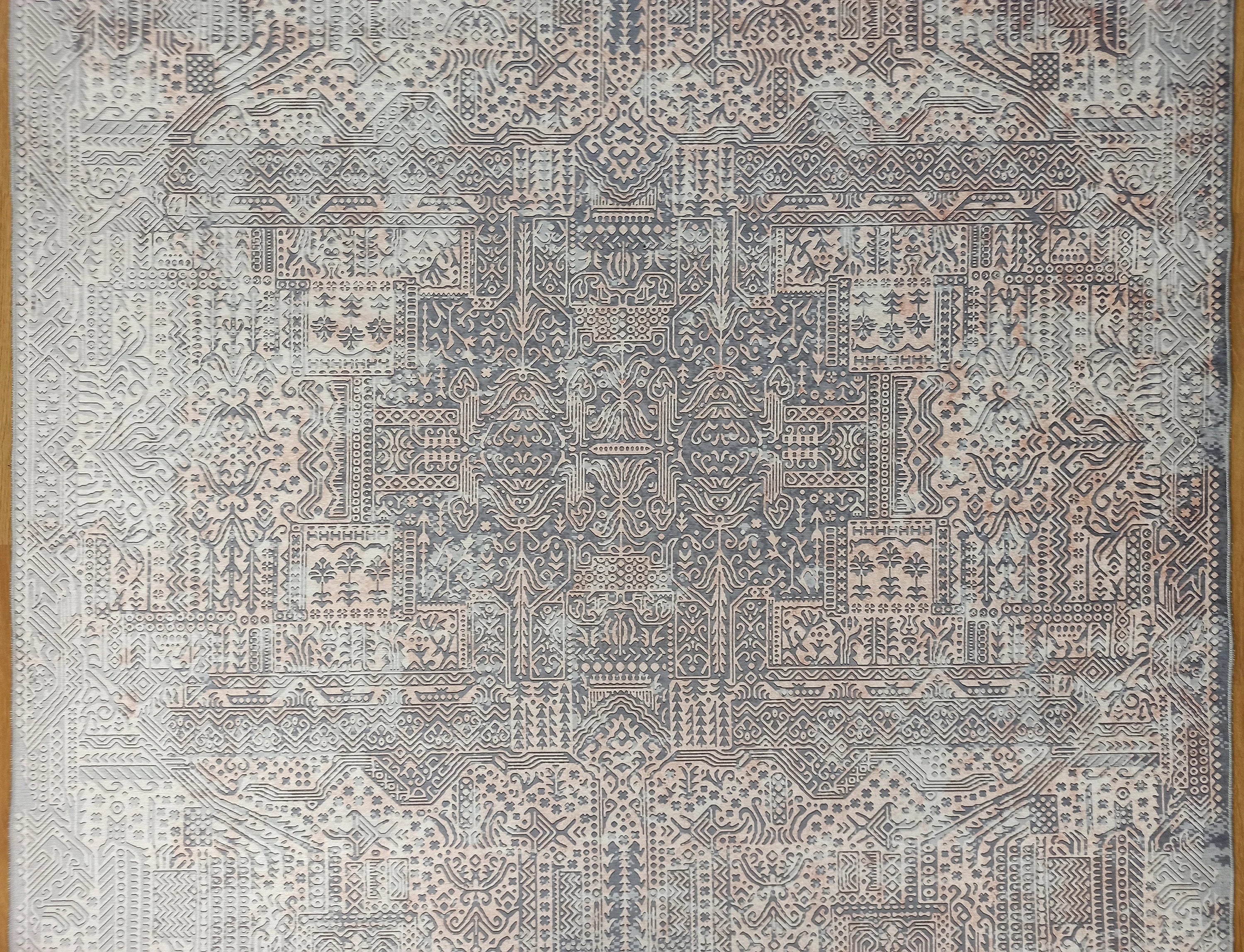 Grauer Vintage-Teppich mit geometrischem Muster