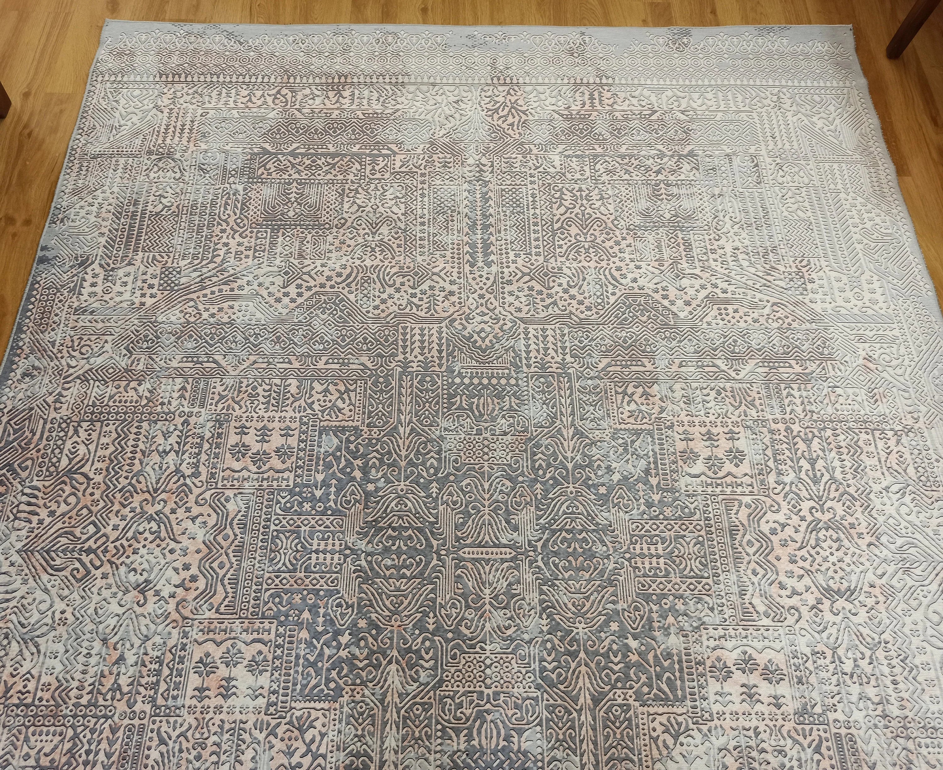 Grauer Vintage-Teppich mit geometrischem Muster