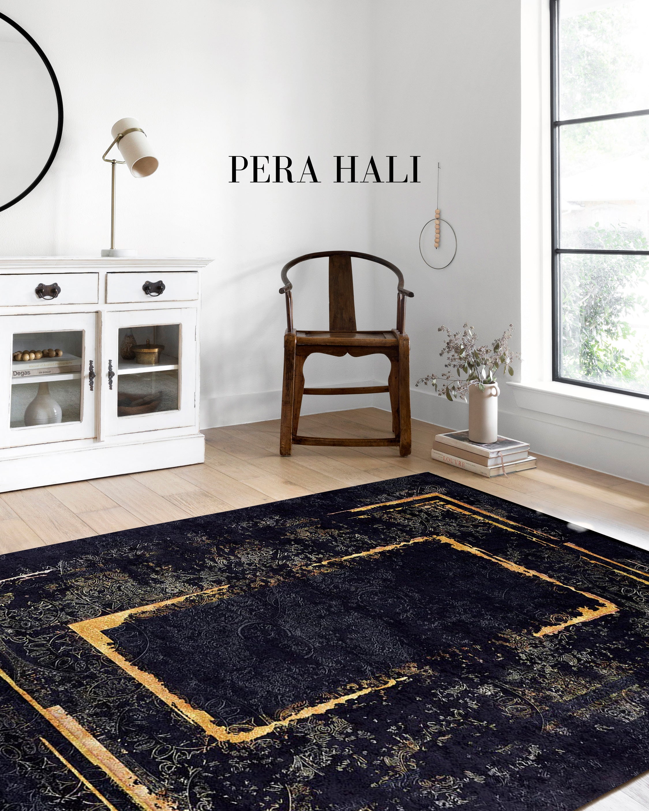 Lüks Siyah Altın Çerçeveli Modern Halı