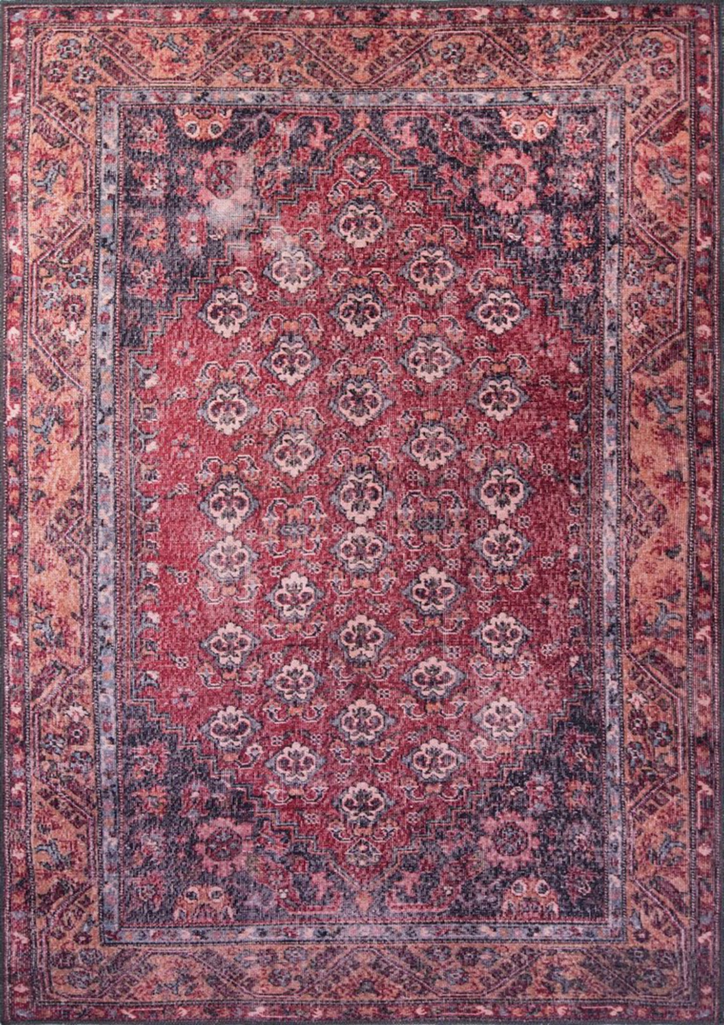 Rot-blauer Vintage-Teppich mit Medaillonmuster