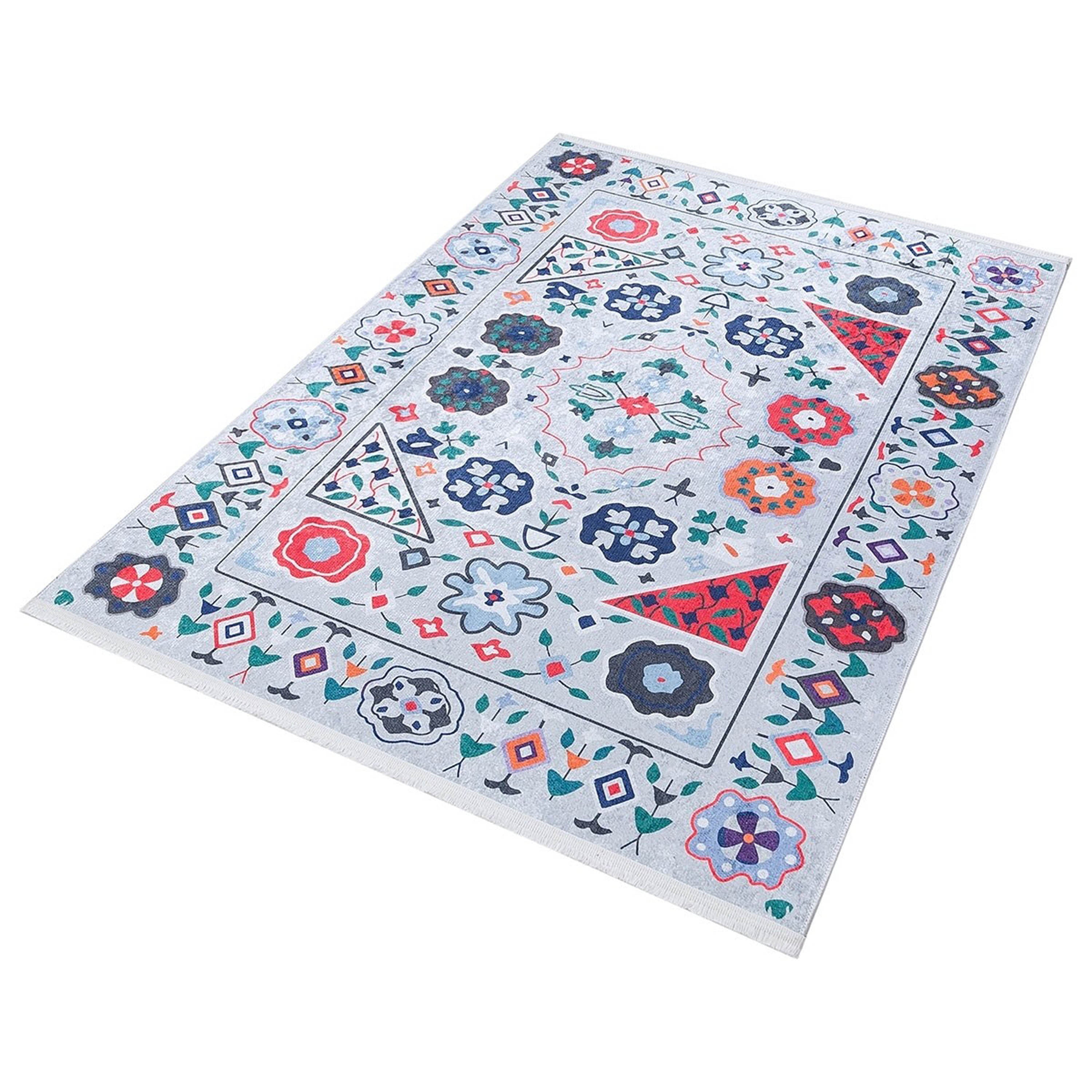 Açık Mavi Çok Renkli Çiçek Desenli Etnik Kilim Halı